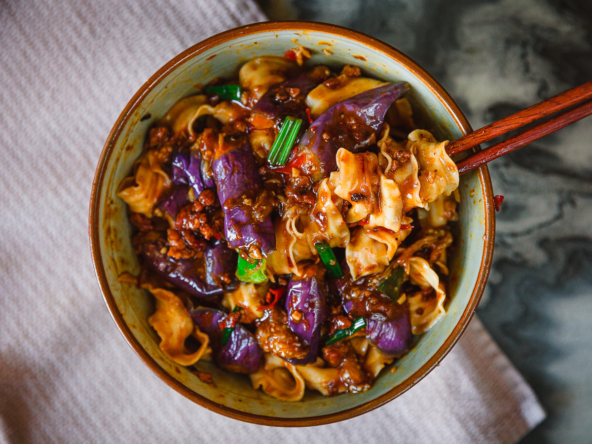 Eggplant Mushroom Mince over XO Noodles