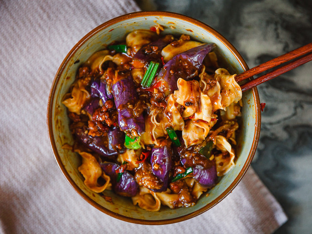 Eggplant Mushroom Mince over XO Noodles